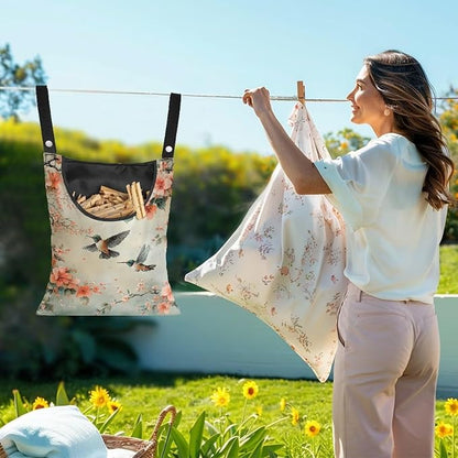 2 Pcs Hummingbird and Flowers Clothes Pin Bag, Small Hanging Laundry Bag - Image 2