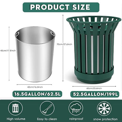 16 Gallon Round Large Outdoor Trash Can, Heavy Duty Metal Slatted Garbage Can - Image 3