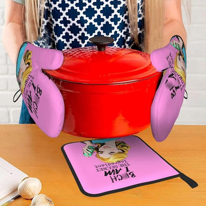 Funny Oven Mitts and Pot Holders Sets, Cute Pink Heat Resistant Oven Gloves and - Image 7