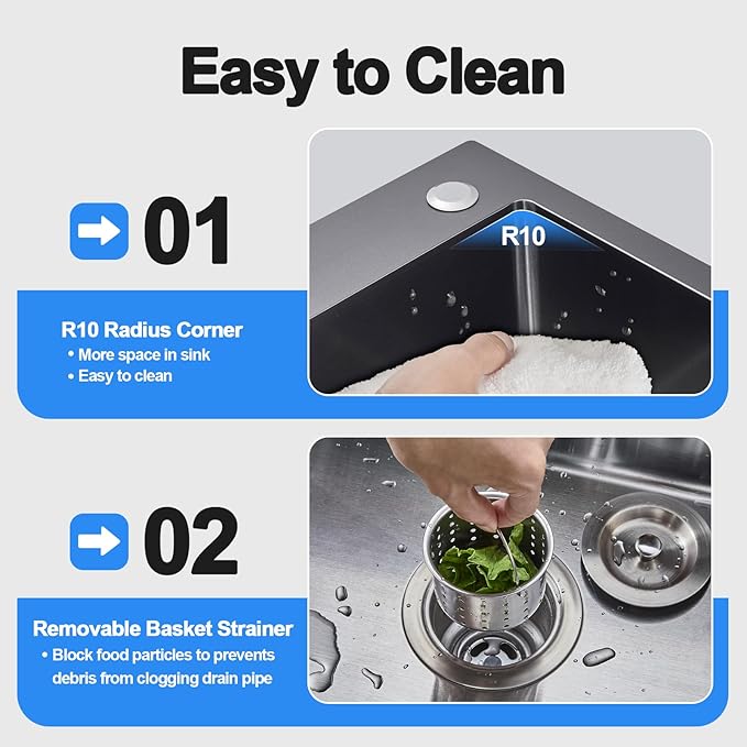 20x16 Inch Drop in Kitchen Sink, 304 Black Stainless Steel Sink, 9" Deep Single Bowl, R10 Tight Corner, 2 Pre-Drilled Holes, Topmount Installation,for Small Kitchen/RV/Bar Sink
