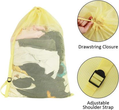 Mesh Laundry Bags with Adjustable Shoulder Strap, 24" x 36" Heavy Duty Nylon, Drawstring Closure, 3-Pack, Mixed Colors