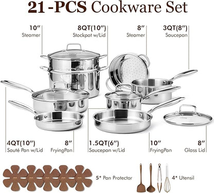 CAROTE 21pcs Tri-Ply Stainless Steel Cookware Set, Pots and Pans Set, Non Toxic - Image 2