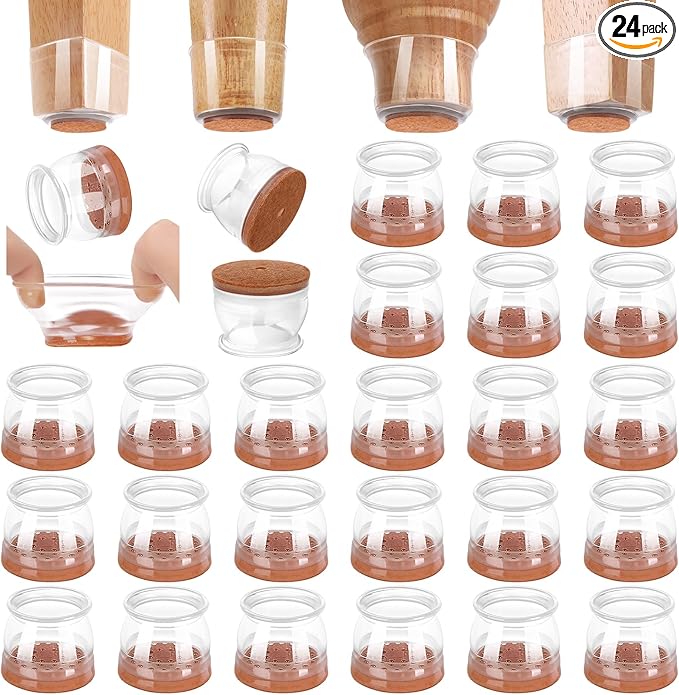 CHUNZEXI 24 Pack Chair Leg Floor Protectors for Hardwood Floors, Silicone Felt Covers Pads Caps, Protect Wood Furniture Feet Floors Noise Reduce and Scratch (Universal Small & Clear)