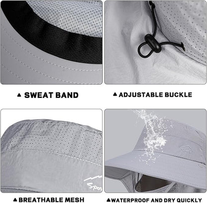 Rosoz Sun Hat for Men Women with Neck Flap,Wide Brim UPF50+ Fishing Hat with Detachable Face Cover Outdoor Sun Protection Hat