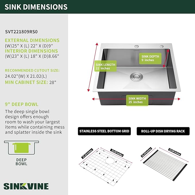 25-Inch Drop-In Kitchen Sink, SINKVINE 25" x 22" Stainless Steel Indoor and Outdoor Sink, Top Mount Large Deep Single Bowl Sink for Laundry Room, with Drain Strainer, Bottom Grid, Roll-up Drying Unit