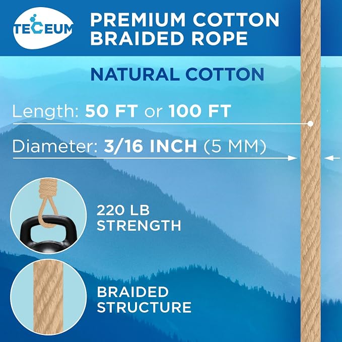 TECEUM Cotton Rope 3/16” – 100 FT – Strong All-Purpose Braided Rope – Natural - Image 2