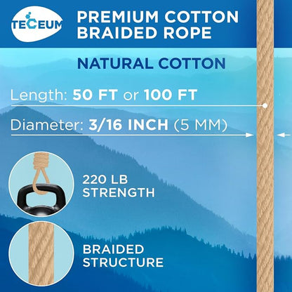 TECEUM Cotton Rope 3/16” – 100 FT – Strong All-Purpose Braided Rope – Natural - Image 2