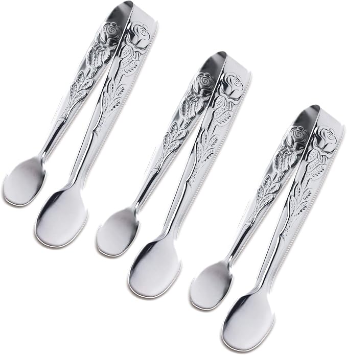 3PCS Mini Serving Tongs, 4Inch Rose Stainless Steel Sugar Cube Tongs, Sliver by Sunenlyst