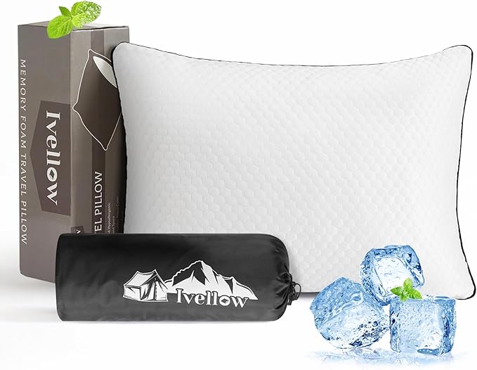 Ivellow Travel Pillow Cooling Camping Pillow for Sleeping Compressible Shredded Memory Foam Pillow Compact Firm Supportive Pillow for Adults Kids Outdoor Backpacking Hiking Essential Gear White S