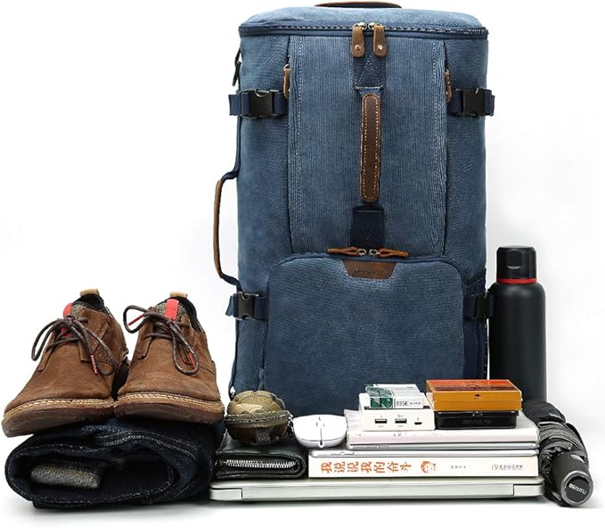 G-FAVOR 40L Travel Backpack, Vintage Canvas Rucksack Convertible Duffel Bag Carry On Backpack Fit for 17.3 Inch Laptop Bag, Blue
