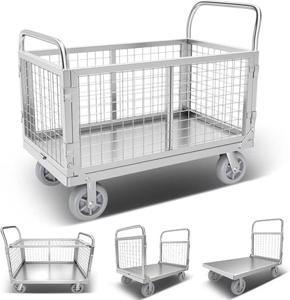 Platform Truck Cart with Cage, 6 in1 Foldable Flatbed Cart Heavy Duty Push Cart by Warmyou