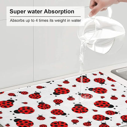Red Ladybug Dish Drying Mat Cute Small Dots Fun Animal Themed Drying Rack Pad - Image 5