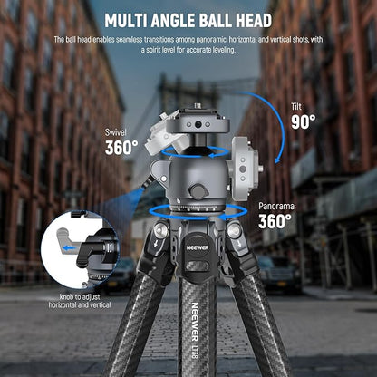 NEEWER LITETRIP LT38 61" Travel Tripod Carbon Fiber for Camera, 360° Pan Tilt Low Profile Ball Head, Flexible Center Axis, Arca QR Plate Compatible with Peak Design Tripod Clip V3, Max Load 22lb