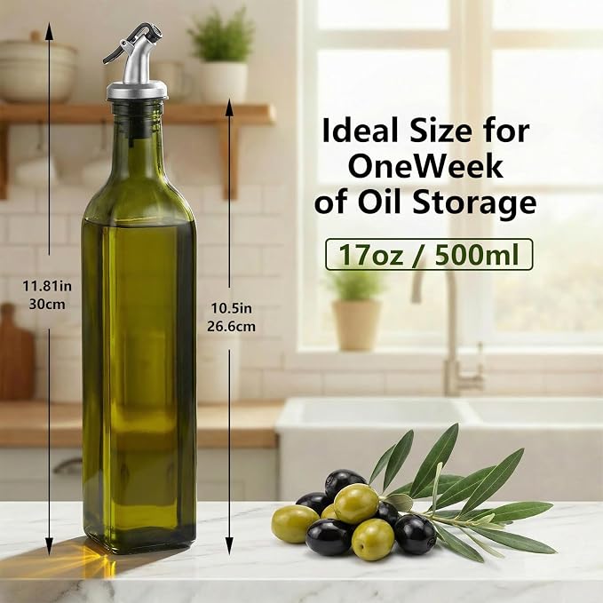 WERTIOO Green Olive Oil Dispenser Bottle, 17oz Glass Oil and Vinegar Dispenser - Image 2