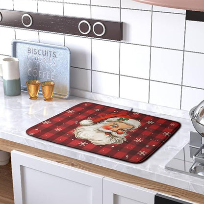 Santa Claus Christmas Dish Drying Mat Xmas Red and Black Buffalo Plaid - Image 5