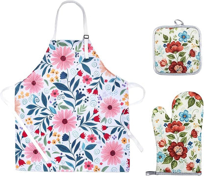 Floral Apron and Oven Mitt Set 3 Piece, Heat Resistant Kitchen Mittens and Pot by QEES