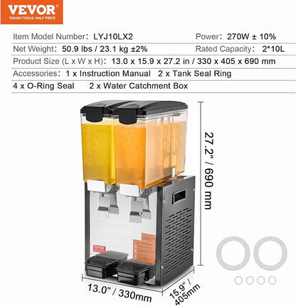 VEVOR Commercial Beverage Dispenser, 2 Tanks 10 L / 10.6 QT Per Tank Juice - Image 7
