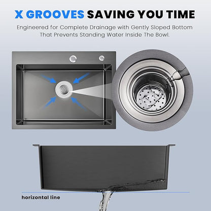 POPFLY 25 Inch Drop In Kitchen Sink, 25x18 Black Stainless Steel Top mount Workstation Sink, 9 Inch Deep 18 Gauge Stainless Steel Single Bowl 2 Holes Utility Sinks