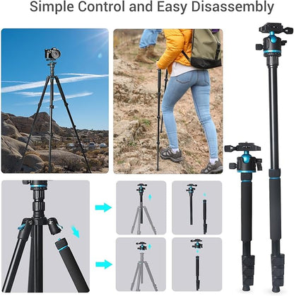 Camera Tripod, 68" / 174cm Lightweight Travel Monopod with 360°Ball Head Payload 15 lbs, Adjustable Height from 17" to 68" Professional Stand for DSLR Camera Shooting
