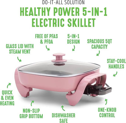 GreenLife12" 5QT Square Electric Skillet, Glass Vented Lid, Ceramic PFAS-Free - Image 3