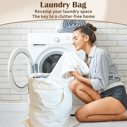 Canvas Laundry Bag with Handles & Drawstring 23.6"x35", Dirty Clothes Travel Bag, Heavy Duty Washable Cotton Laundry Sack for Travel, Camp, College (2 Pack)