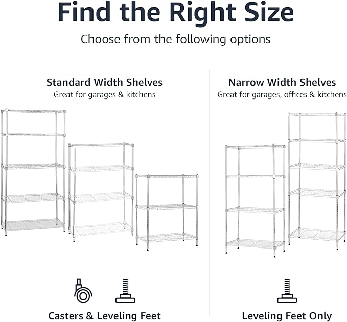 Amazon Basics 4-Shelf Adjustable, Storage Shelving Unit, (200 Pound Loading Capacity per Shelf), Steel Organizer Wire Rack, 13.4"D x 23.2"W x 48"H, Chrome