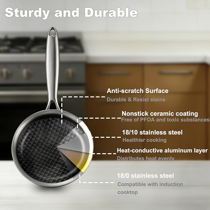 DELARLO Tri-Ply Stainless Steel 9Inch Omelette Pans Nonstick Frying Pan - Image 5