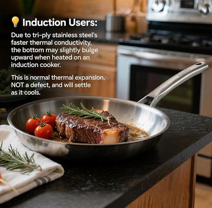 Chef's Frying Pan 12 Inch Set of 2, Tri-Ply Clad Stainless Steel Skillet - Image 3