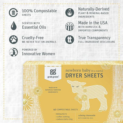 Grab Green Newborn Baby Dryer Sheets, 120 Sheets, Chamomile Scent, Plant and - Image 3