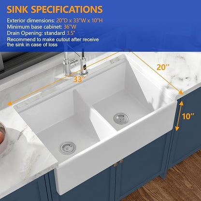 Dcolora Farmhouse Sink Double Bowl, White Kitchen Sink 33 Inch Farm House Workstation Ceramic Apron Front Country Sinks #DC-A8879, 33"x20"x10"