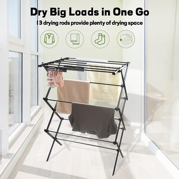 3 Tiers Foldable Clothes Drying Rack, Vertical Laundry Rack Portable and Collapsible for Storage Indoor Outdoor，Pure Black