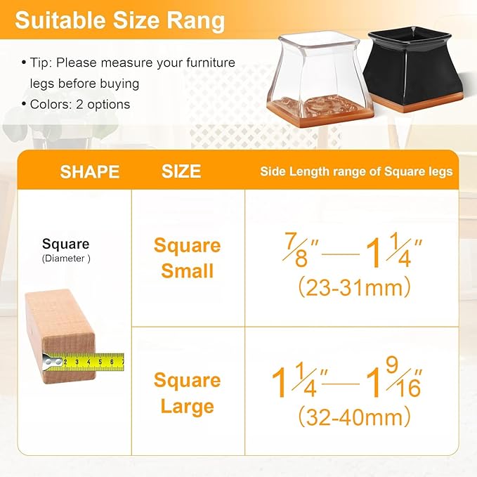 CHUNZEXI 48 Pack Square Chair Leg Floor Protectors for Hardwood Floors, Silicone Felt Covers Pads Caps, Protect Wood Furniture Feet Floors Noise Reduce and Scratch (Square Large & Clear)