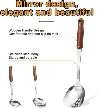 FJNATINH Stainless Steel Wok Spatula, Skimmer Ladle Tool Set, Mirror Polished - Image 2