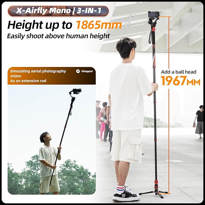 Fotopro Carbon Fiber 3-in-1 Monopod, 73" Travel Monopod with Feet, Max Load 22lbs for DSLR Camera Stabilizer, X-Airfly Mono Grey