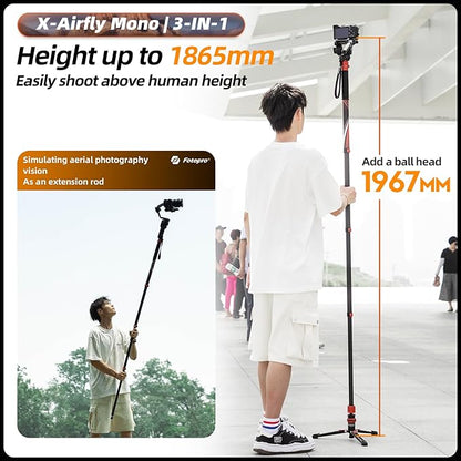 Fotopro Carbon Fiber 3-in-1 Monopod, 73" Travel Monopod with Feet, Max Load 22lbs for DSLR Camera Stabilizer, X-Airfly Mono Grey