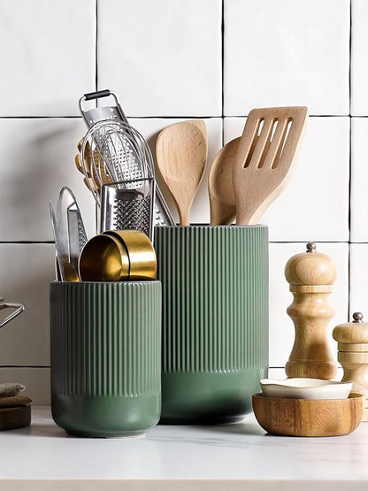 LE TAUCI Utensil Holder for Kitchen Counter, 7.3"+5.4" Fluted Ceramic Utensil - Image 3