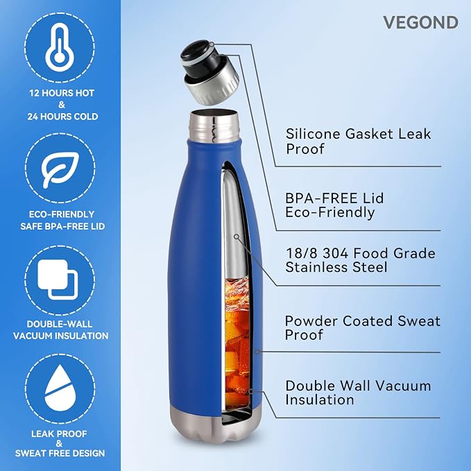 VEGOND 17oz Stainless Steel Water Bottles Bulk, Reusable Metal Sports Water - Image 2