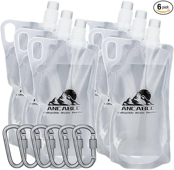 1L Hiking Collapsible Water Bottles, 6-Pack 33OZ BPA-Free Foldable Backpacking Water Bottle for Travel Camping Hiking