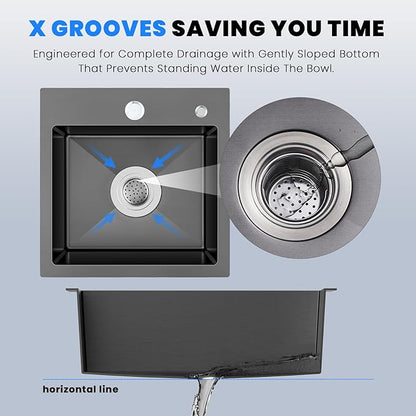 POPFLY 18×18 Inch Drop In Bar Prep Sink, 304 Stainless Steel Top mount Handmade Single Bowl Sink 9 Inche Deep Small Kitchen Sink with 2 Hole, Black