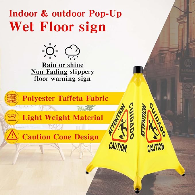 4-Packs Wet Floor Signs 20 Inch, Pop UP Bilingual Yellow Caution Wet Floor Sign - Image 2