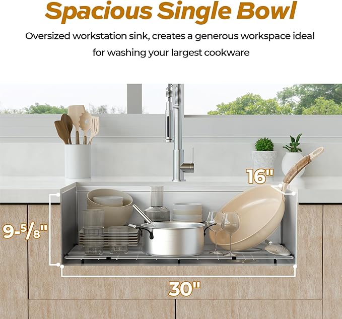 32 Inch Workstation Kitchen Sink, TECASA Undermount Deep Single Bowl, Stainless Steel with Integrated Ledge and Accessories, World-Class Manufacturing Standard (32" x 18" x 10")