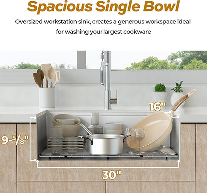 32 Inch Workstation Kitchen Sink, TECASA Undermount Deep Single Bowl, Stainless Steel with Integrated Ledge and Accessories, World-Class Manufacturing Standard (32" x 18" x 10")