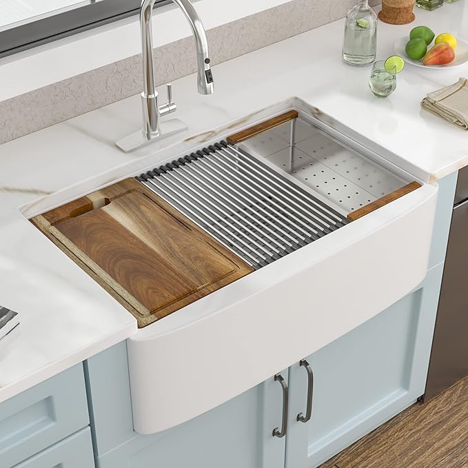 33 White Farm Sink Workstation - Fulorni 33"x21" Apron Front Farmhouse Sink Workstation with Slide Ledge White Ceramic Porcelain Fireclay Single Bowl Farmer Kitchen Sink Basin
