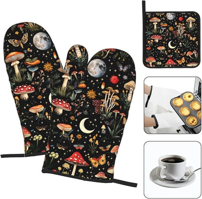 Cute Mushroom Oven Mitts and Pot Holders Sets of 3, Heat Resistant Black Hot - Image 4