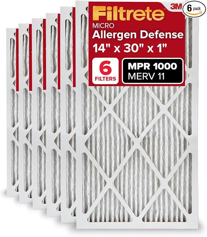 Filtrete 14x30x1 AC Furnace Air Filter, MERV 11, MPR 1000, Micro Allergen Defense, 3-Month Pleated 1-Inch Electrostatic Air Cleaning Filter, 6 Pack (Actual Size 13.81x29.81x0.81 in)