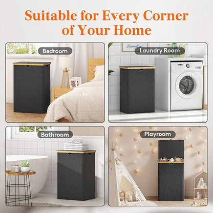 Lifewit 170L Triple Laundry Hamper with Lid, Extra Large Bamboo Laundry Basket Dirty Clothes Hamper,3 Section Laundry Bin Organizer for Laundry Room Bedroom with 3 Removable Liners & Bags, Dark Gray