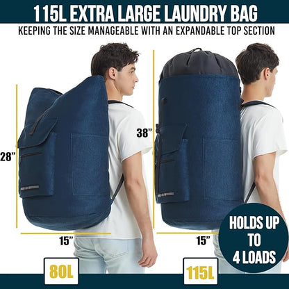 Laundry Backpack Heavy Duty, 115L Extra Large Laundry Bag with Straps, Dorm Room Essential for Guys, Backpack Laundry Bags with 4 Pockets, Laundry Hamper Bags for College Dorm, Apartment, Laundromat