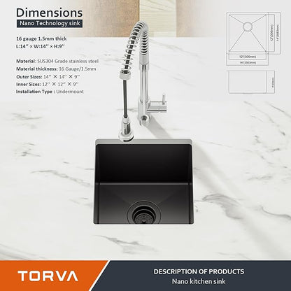 TORVA 14 x 14 Inch Gloss Black Undermount Kitchen Sink, PVD Coated Gunmetal Sink，16 Gauge T-304 Stainless Steel Single Bowl Wet Bar or Prep Sink with Zero-Radius Corners, Dark Grey