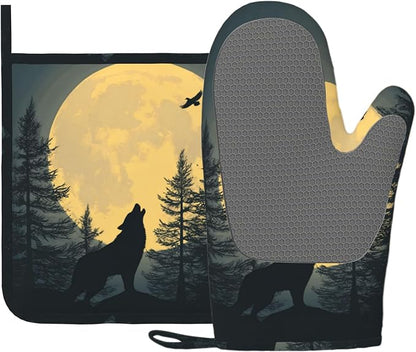 Black Wolf Howling at The Moon Oven Mitt and Pot Holder by Unknown