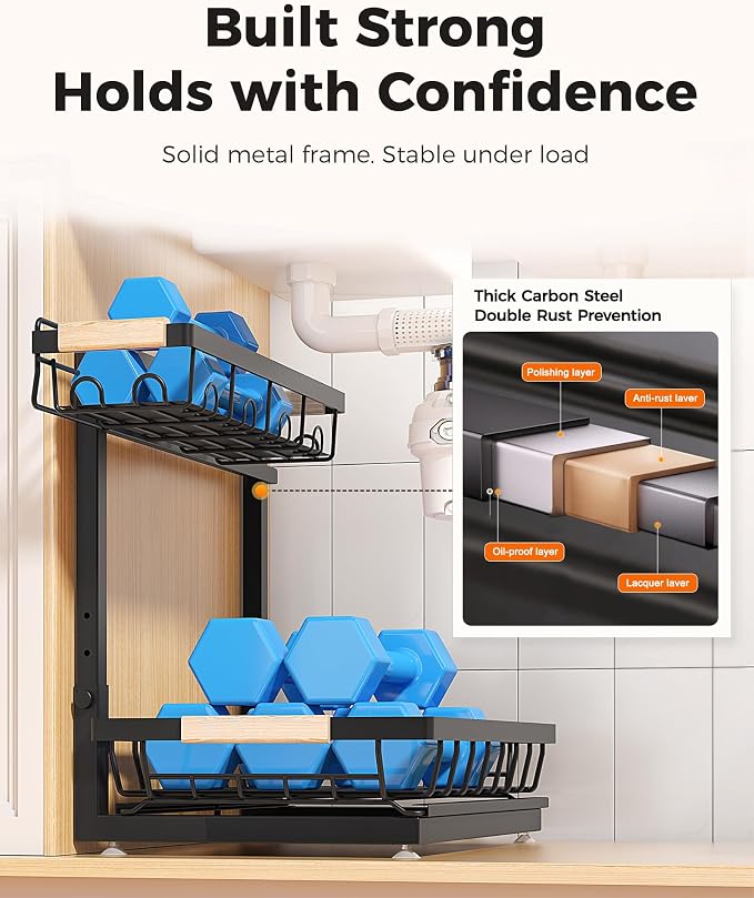 Sevenblue 3 Pack Under Sink Organizer, Height Adjustable 2 Tier Pull-Out Metal - Image 6